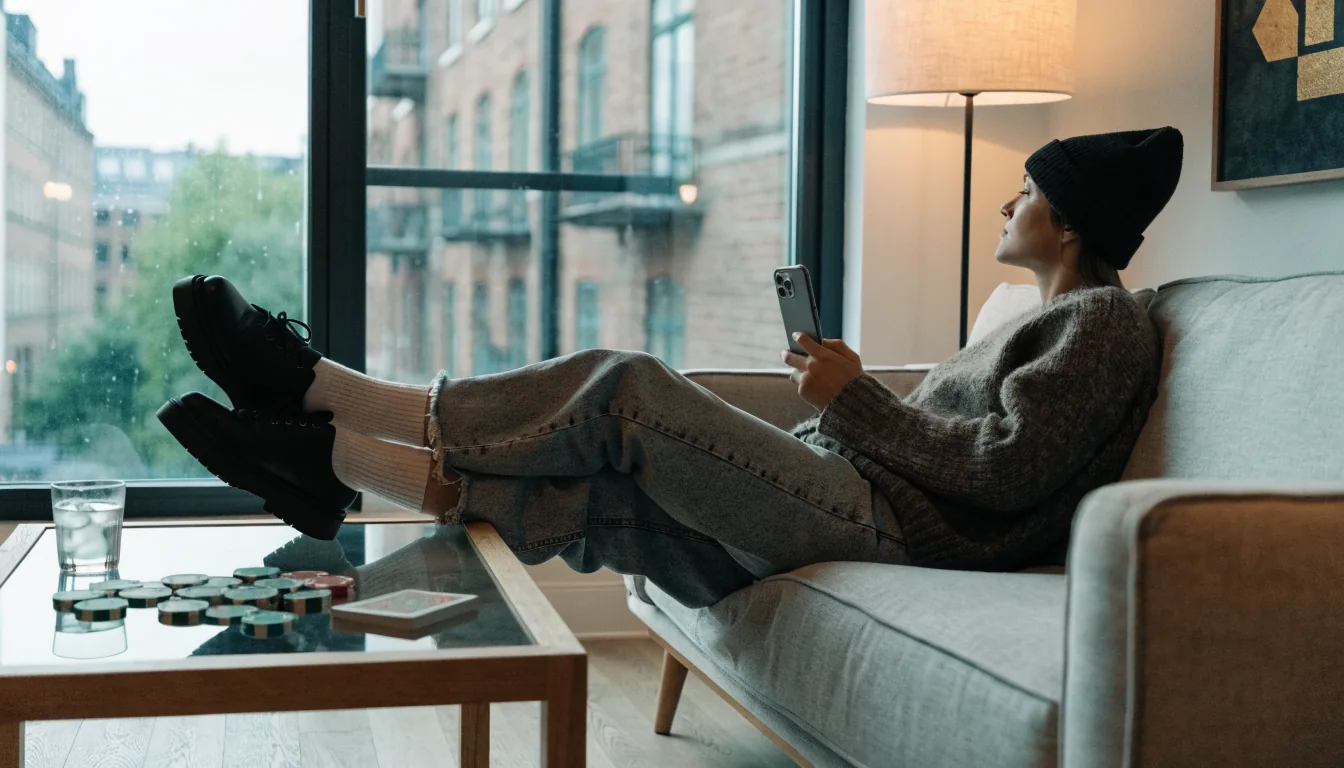 Person i modern svensk lägenhet med casinoleksaker på bordet