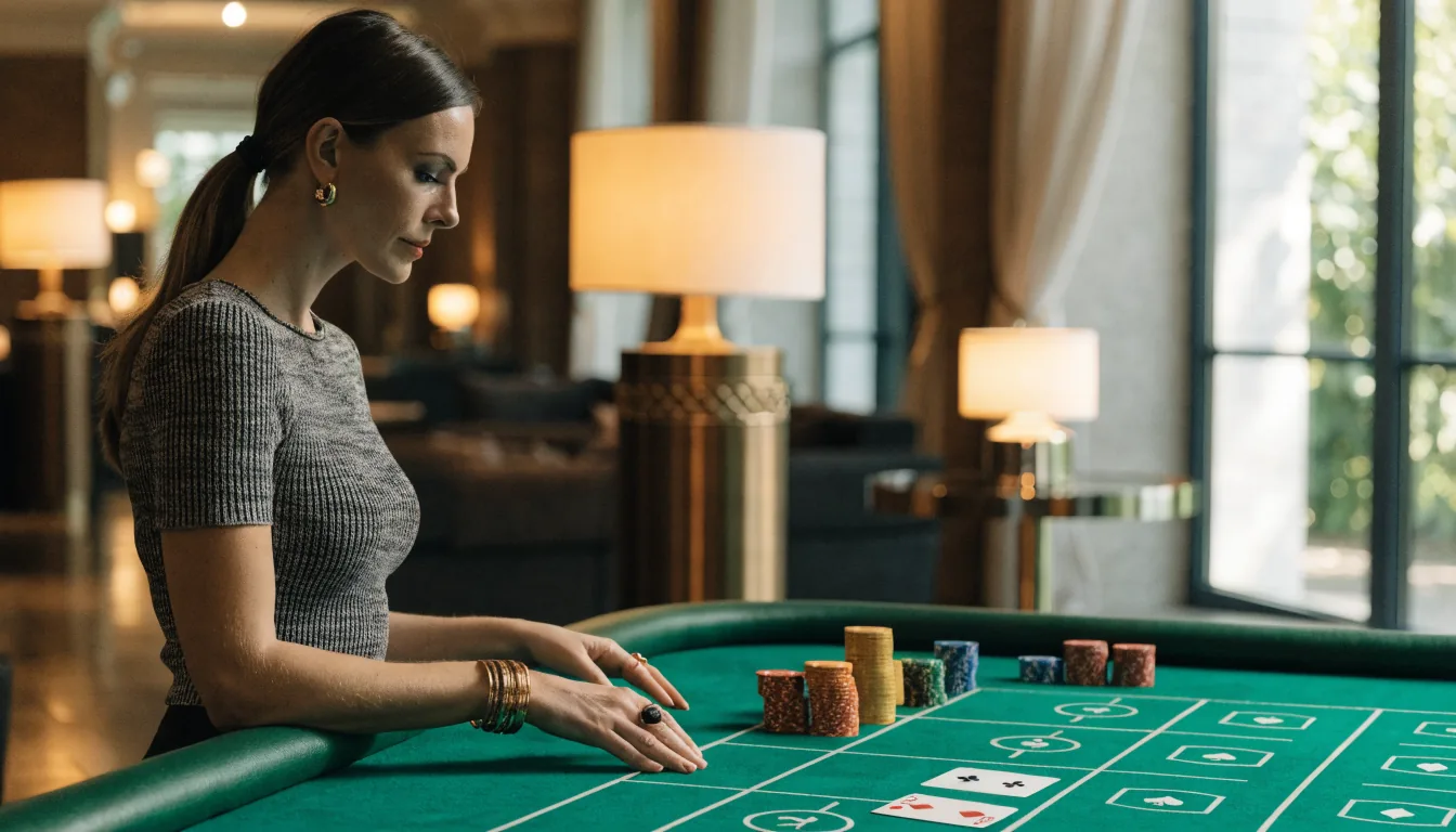 Elegant blackjackbord med casinofigurer och kort i modernt svenskt casino