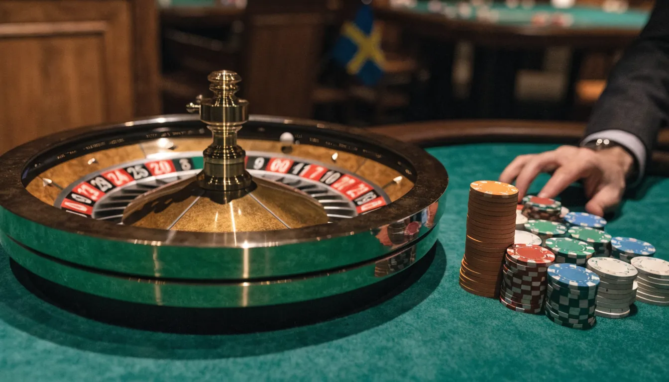 Roulettehjul på casinobord med marker och en liten svensk flagga