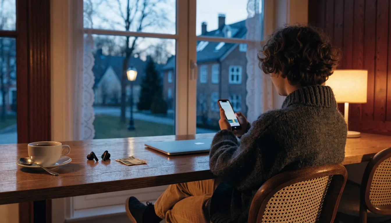 Person som spelar på mobilen i ett mysigt svenskt hem