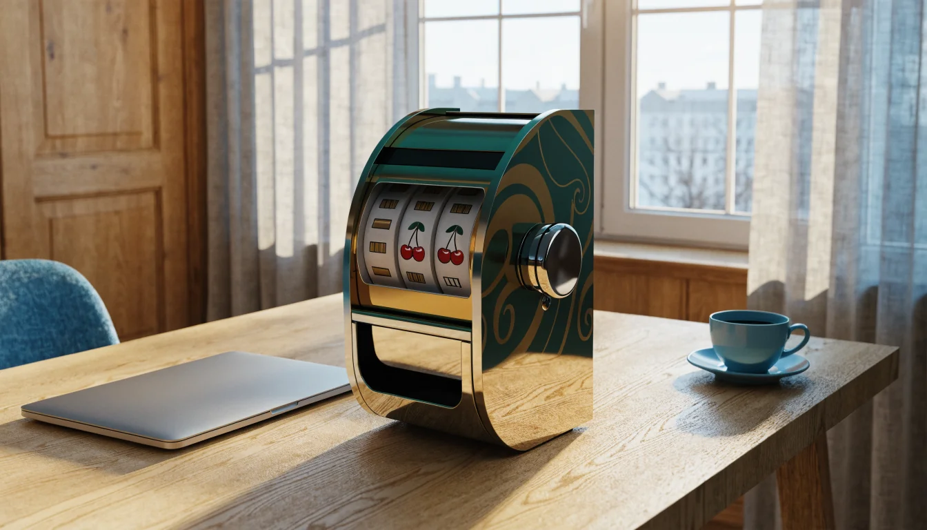 Stiliserad spelautomat på ett skandinaviskt skrivbord i dagsljus