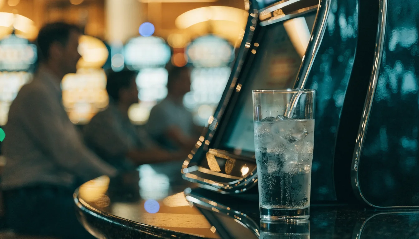 Modern slotmaskin i en svensk casinolounge med dämpad belysning
