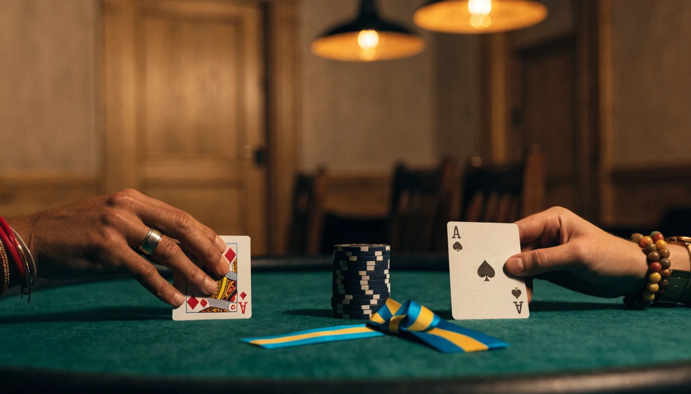 Elegant blackjackbord med kort och casinofigurer i skandinavisk miljö