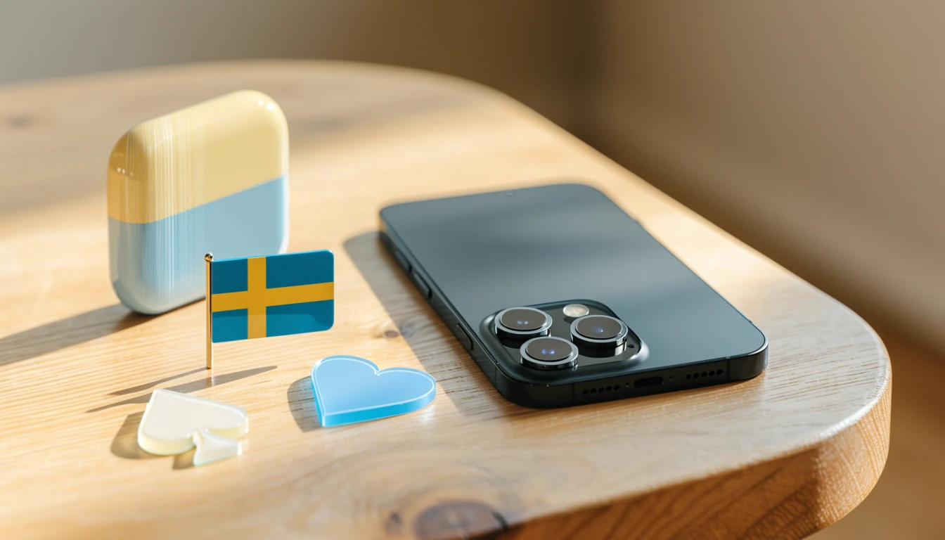 iPhone med Apple Pay, svensk flagga och casinofigurer på bord