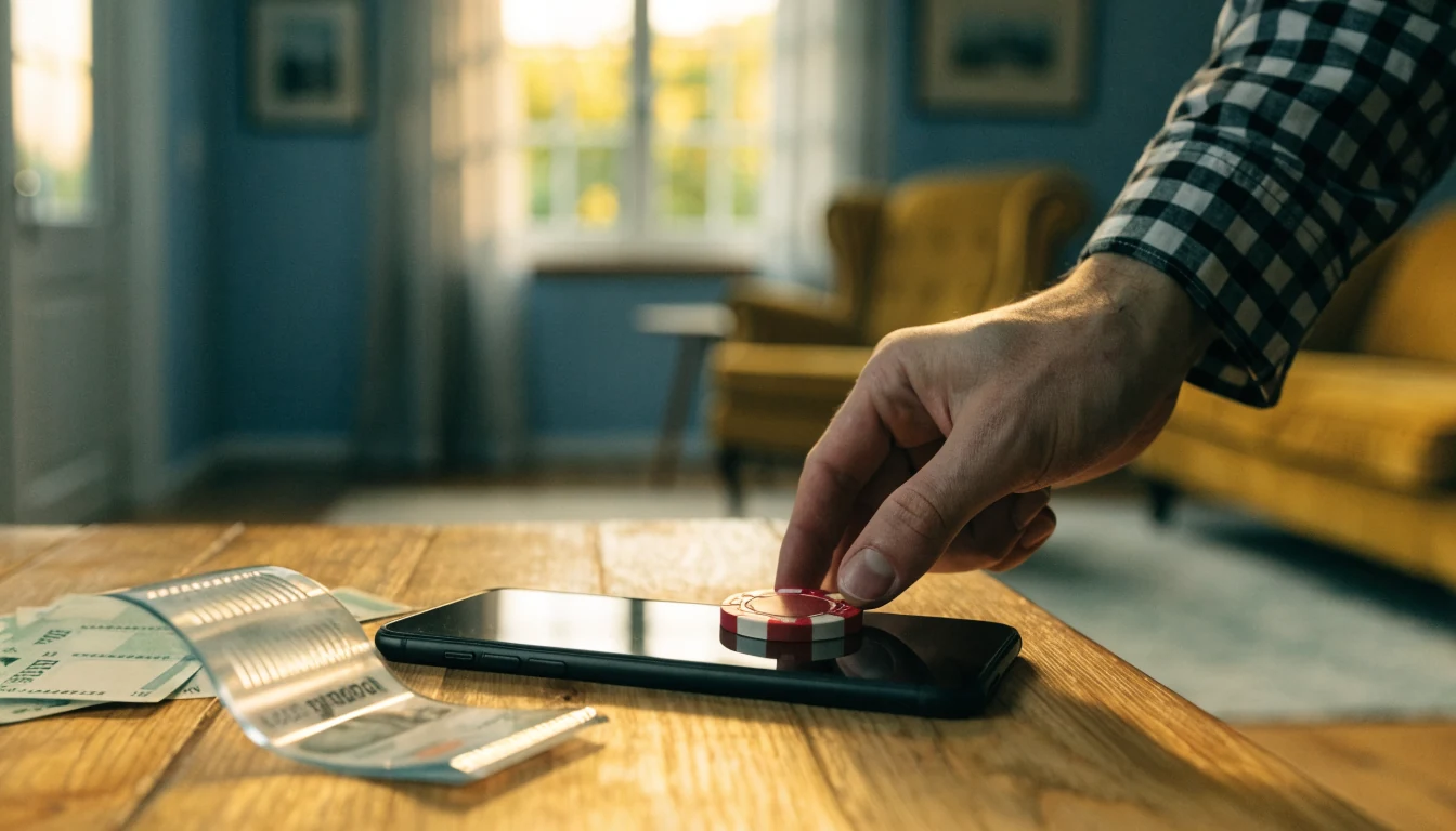 Svensk krona sedlar och casinotärning vid en vänd smartphone, banköverföring tema
