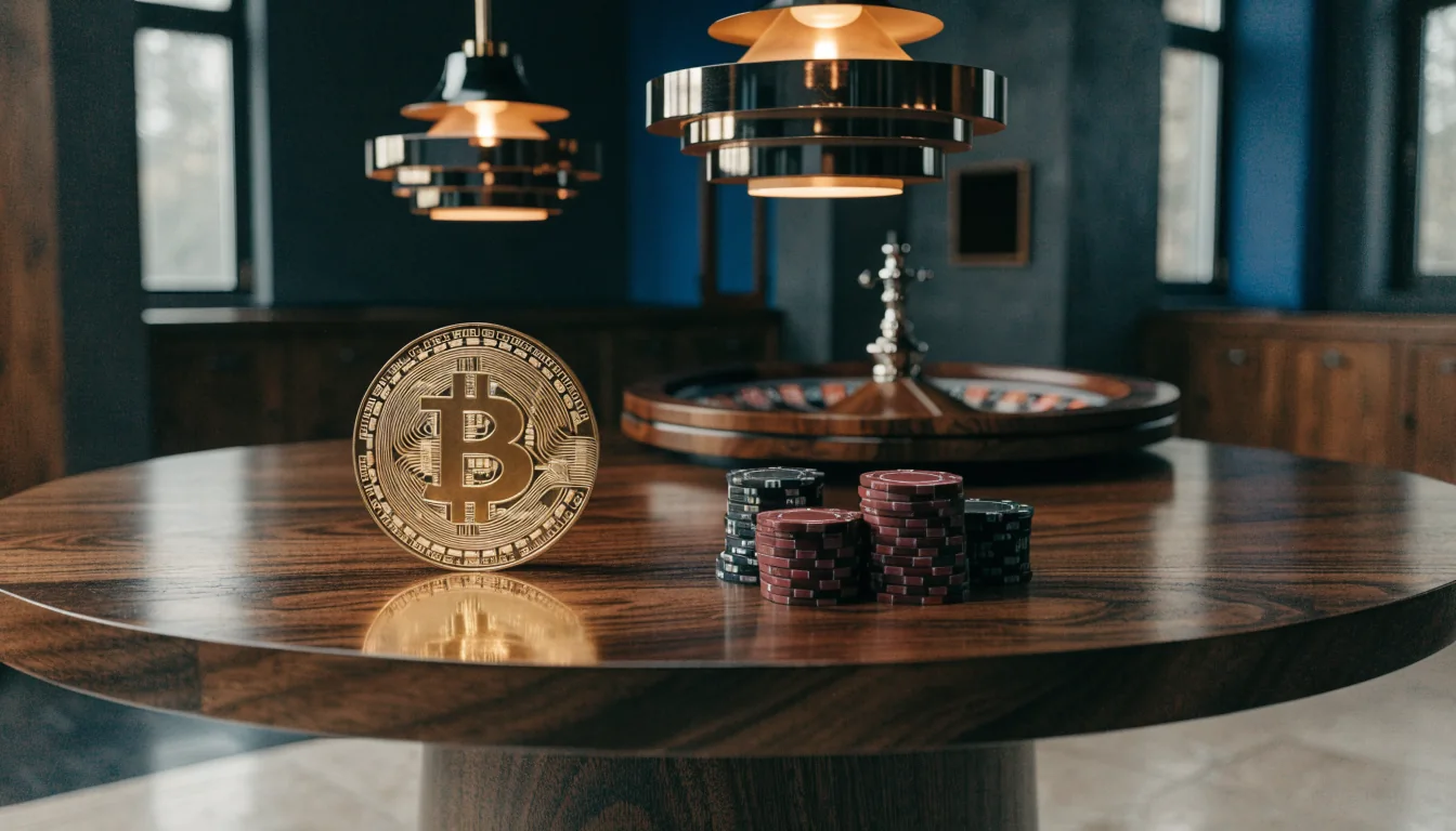 Gyllende Bitcoin-mynt och casinofigurer på ett minimalistiskt nordiskt bord
