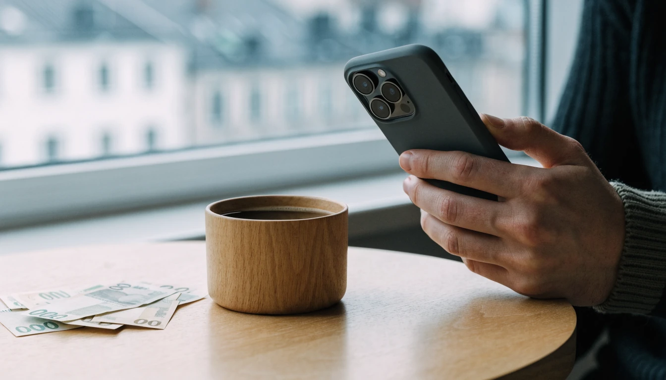 Hand som håller en smartphone nära kaffekopp och svenska sedlar