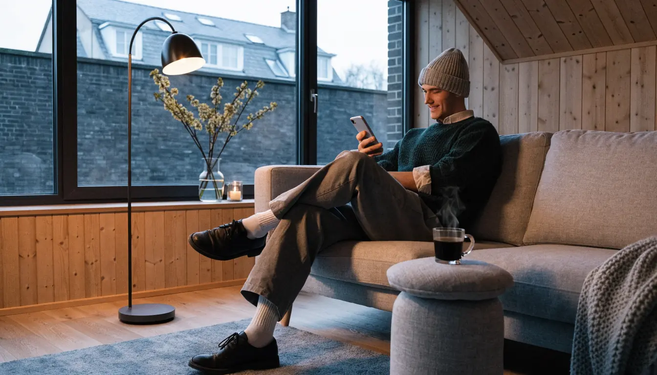 Person i svensk vardagsrum med mobiltelefon i handen
