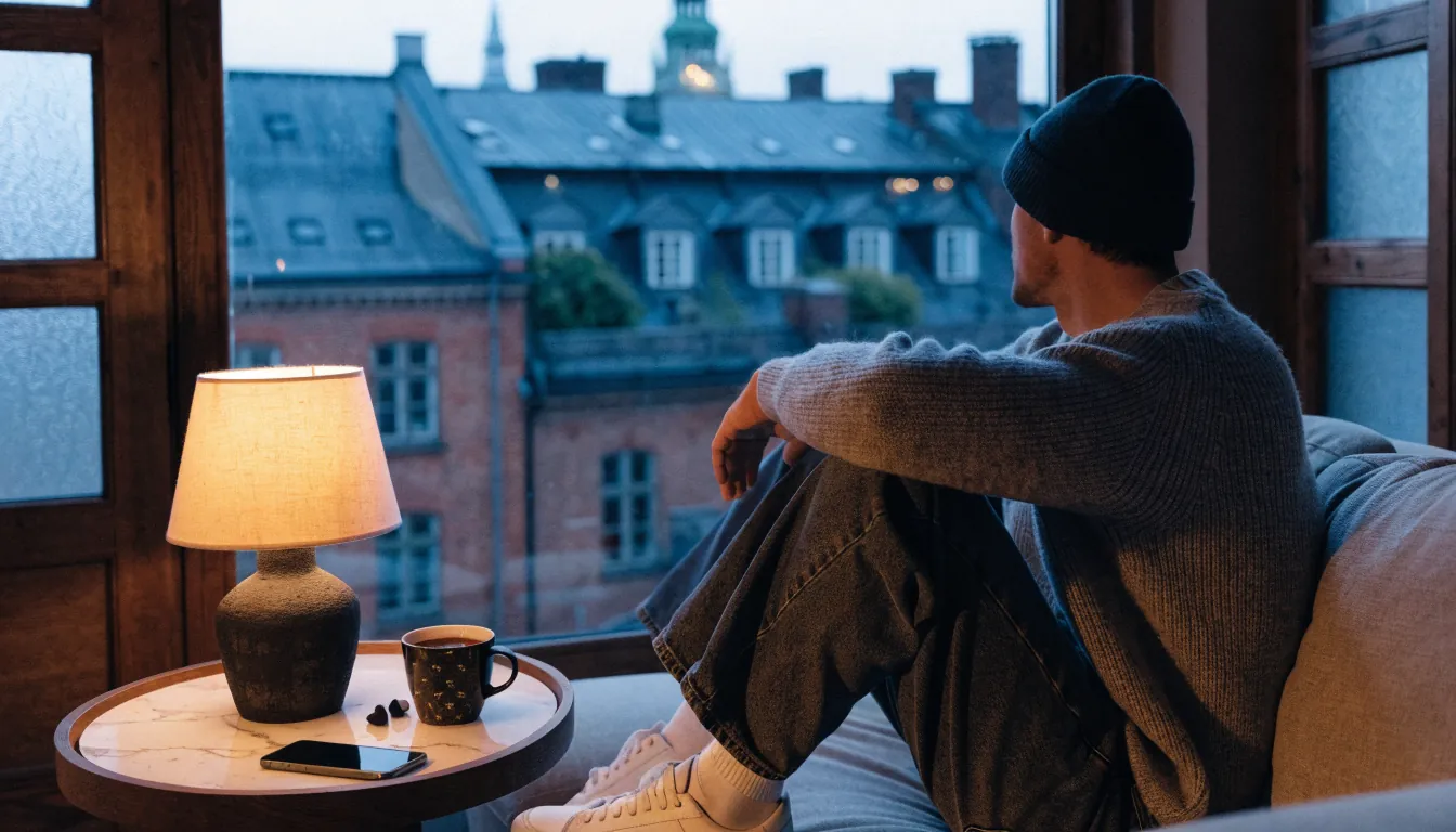 Svensk lägenhet med omvänd mobiltelefon och kaffe vid fönstret