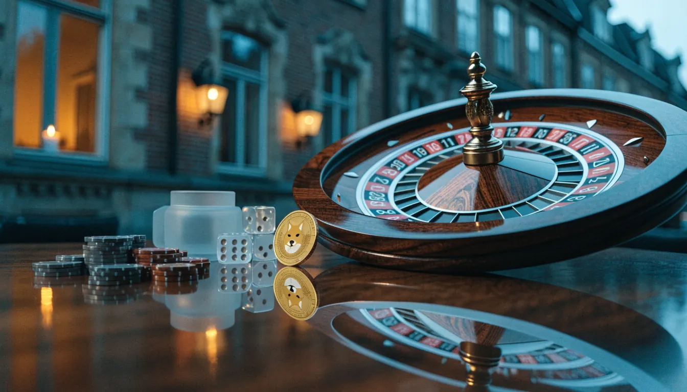 Kryptocasino med Dogecoin-tema, roulette och tärningar på bordet