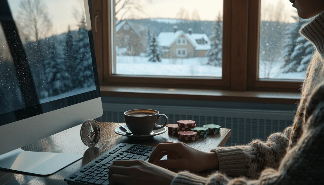 Ethereum-tillgångar och casinofigurer på ett skrivbord