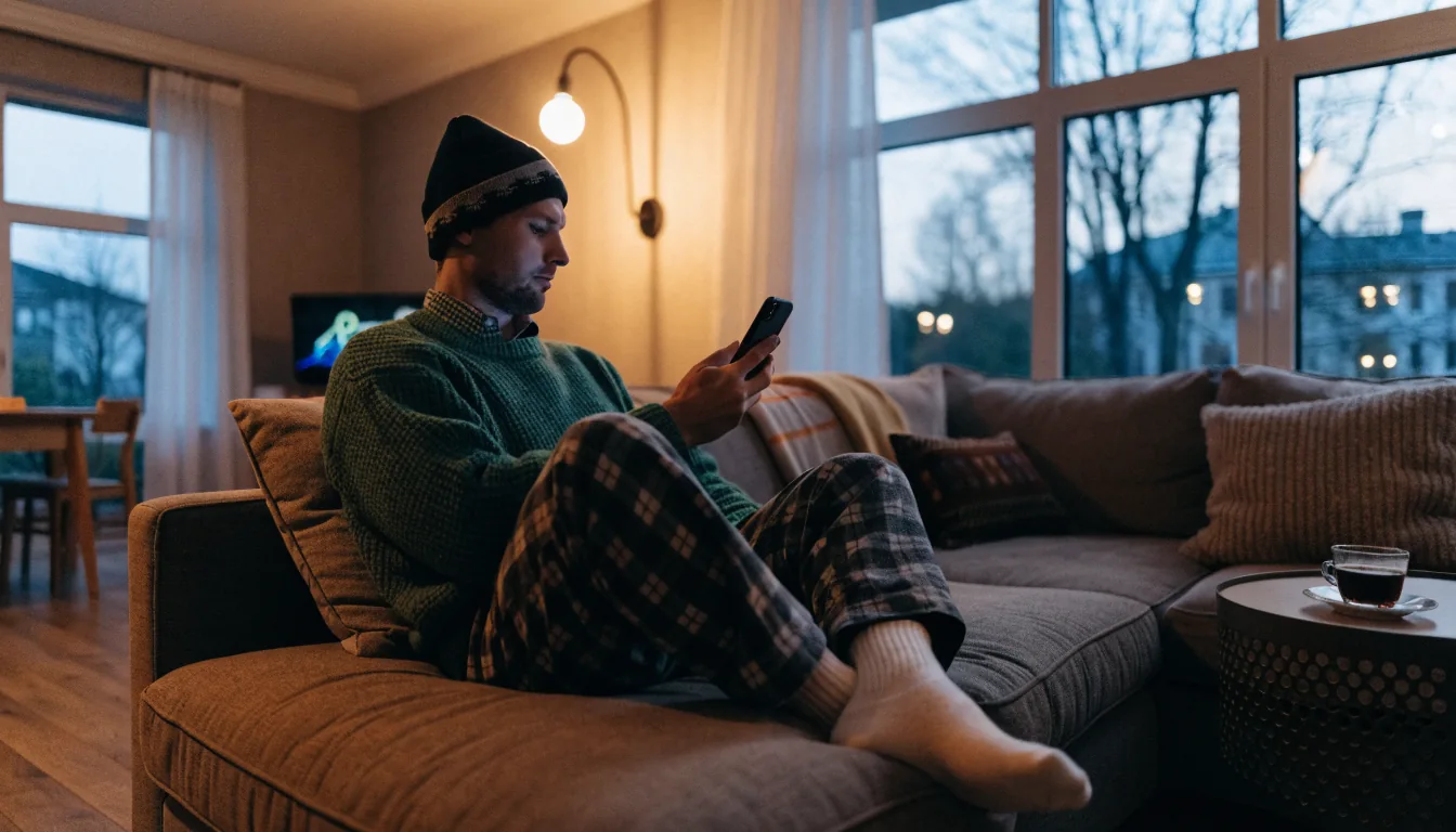 Avkopplande svensk hemmiljö med smartphone och kvällsbelysning