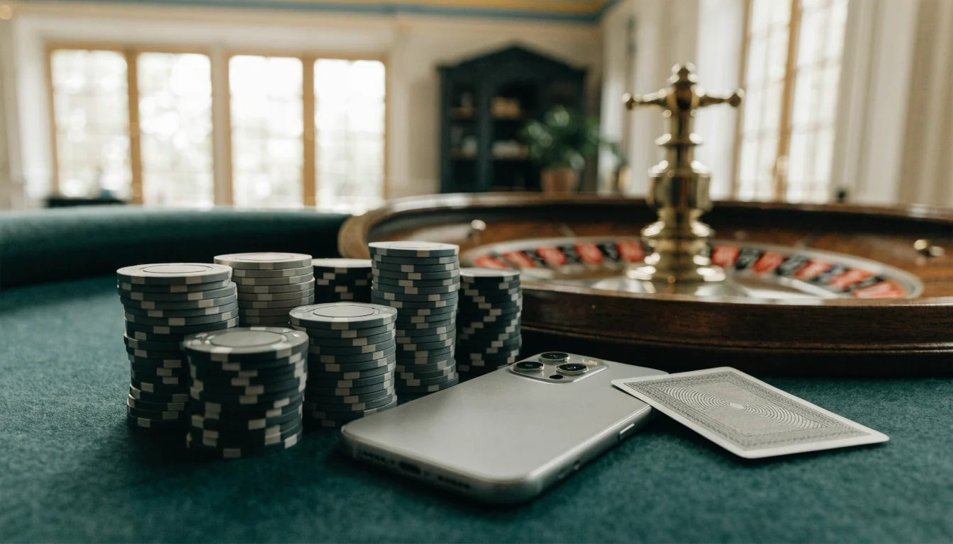 Smarttelefon på casinofilt med jetonger och roulette i skandinavisk miljö