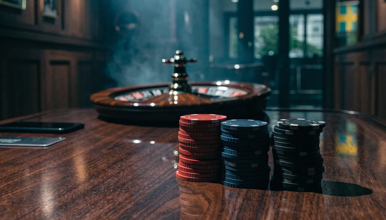 Skandinaviskt casinobord med pokerjetonger, roulettehjul och betalkort i blågul belysning