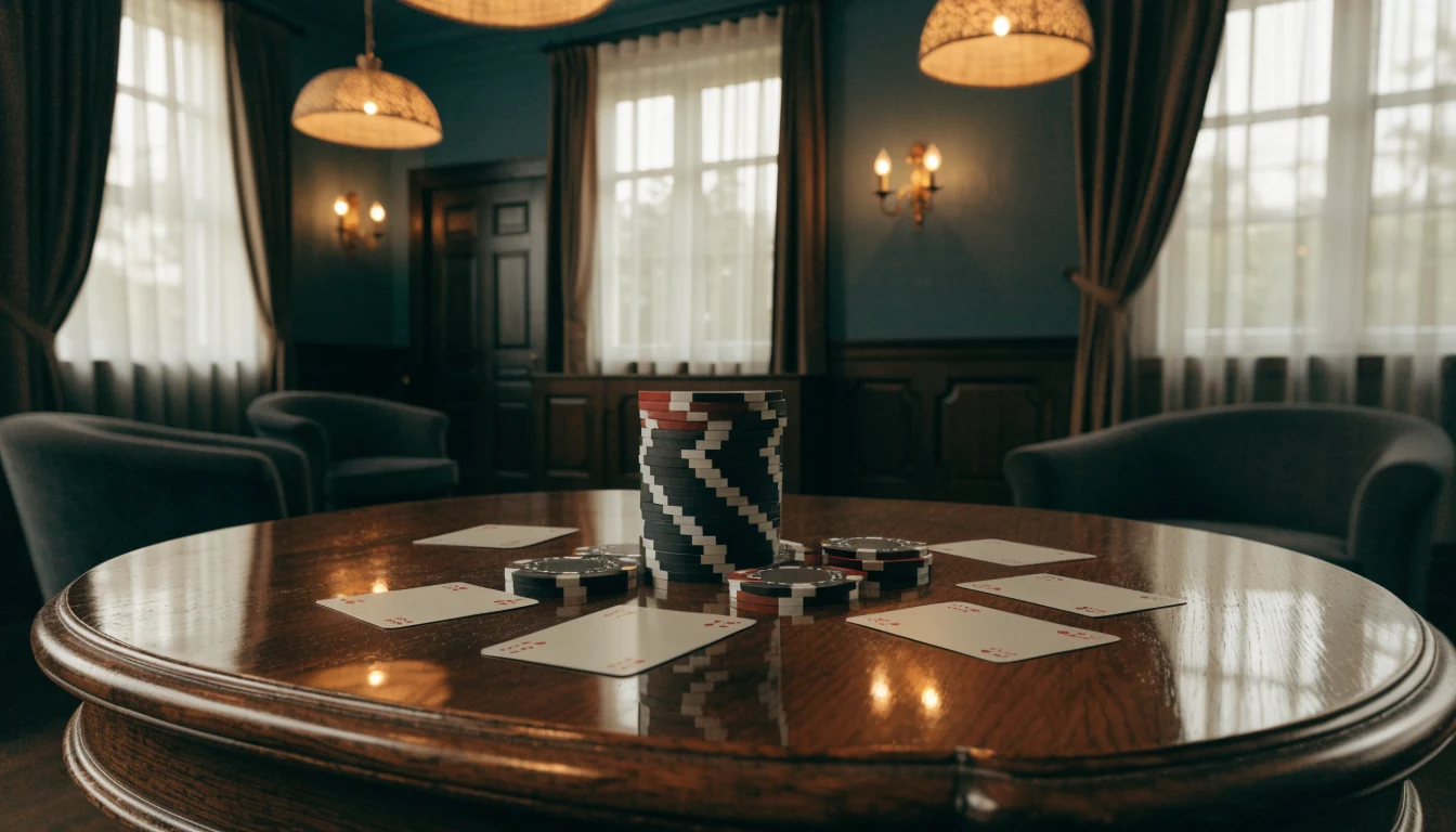 Kortspelsbord med casinofilmjukor i en stilren svensk loungemiljö
