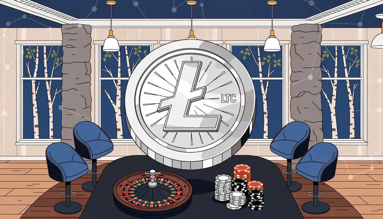 Litecoin-mynt över ett minimalistiskt skandinaviskt casinobord med roulette och marker