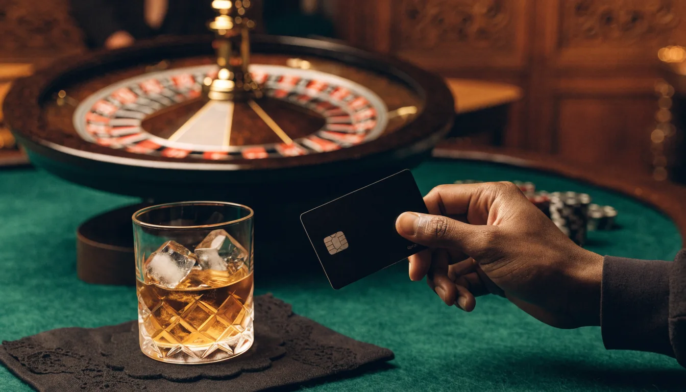 Mastercard-kort i handen framför ett elegant casinobord