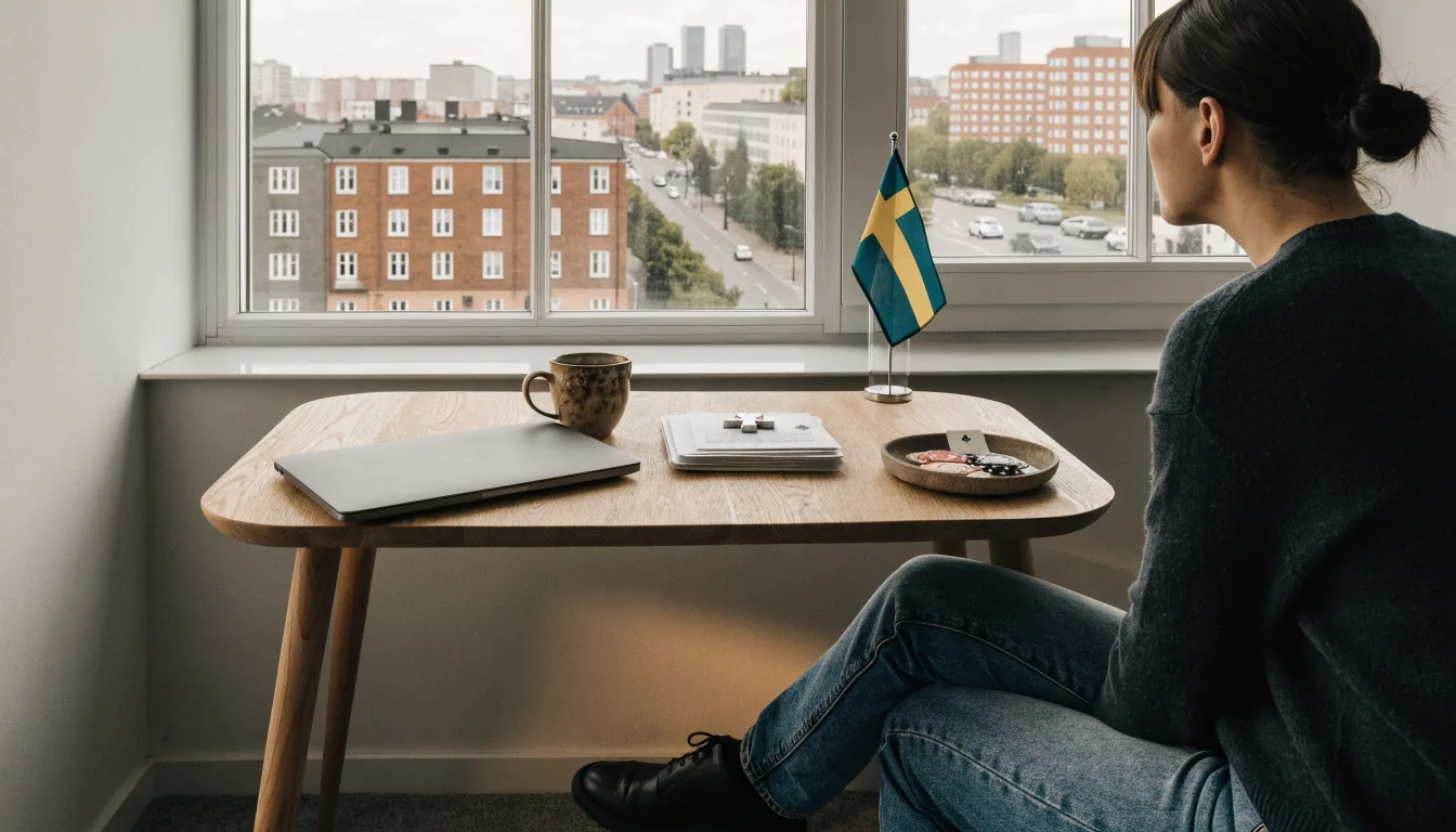 Skandinaviskt skrivbord med stängd laptop, licensdokument, casinomarker och svensk flagga