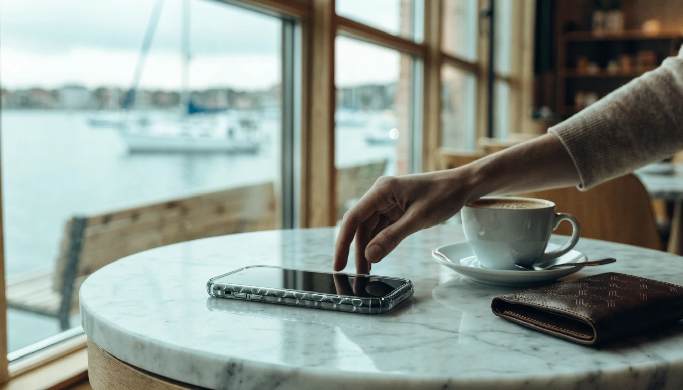 Smartphone vid kaffe i modernt skandinaviskt kafé i Stockholm