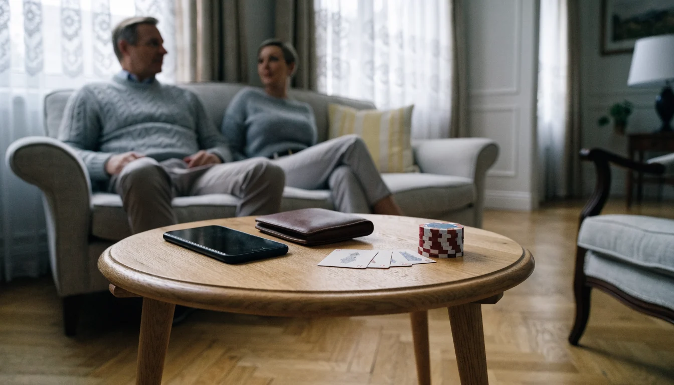 Skandinavisk vardagsrum med telefon, plånbok och casinoföremål på bordet
