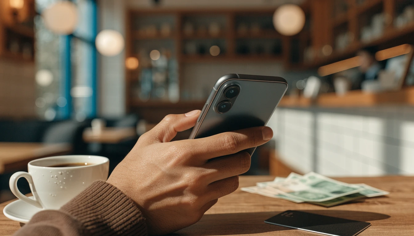 Mobil betalning nära kaffekopp och svenska kronor