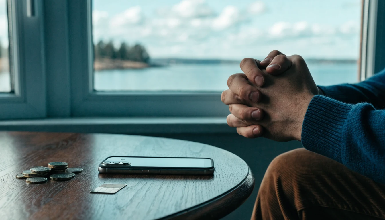 Svensk smartphone med mynt och SIM-kort, neutral skärm