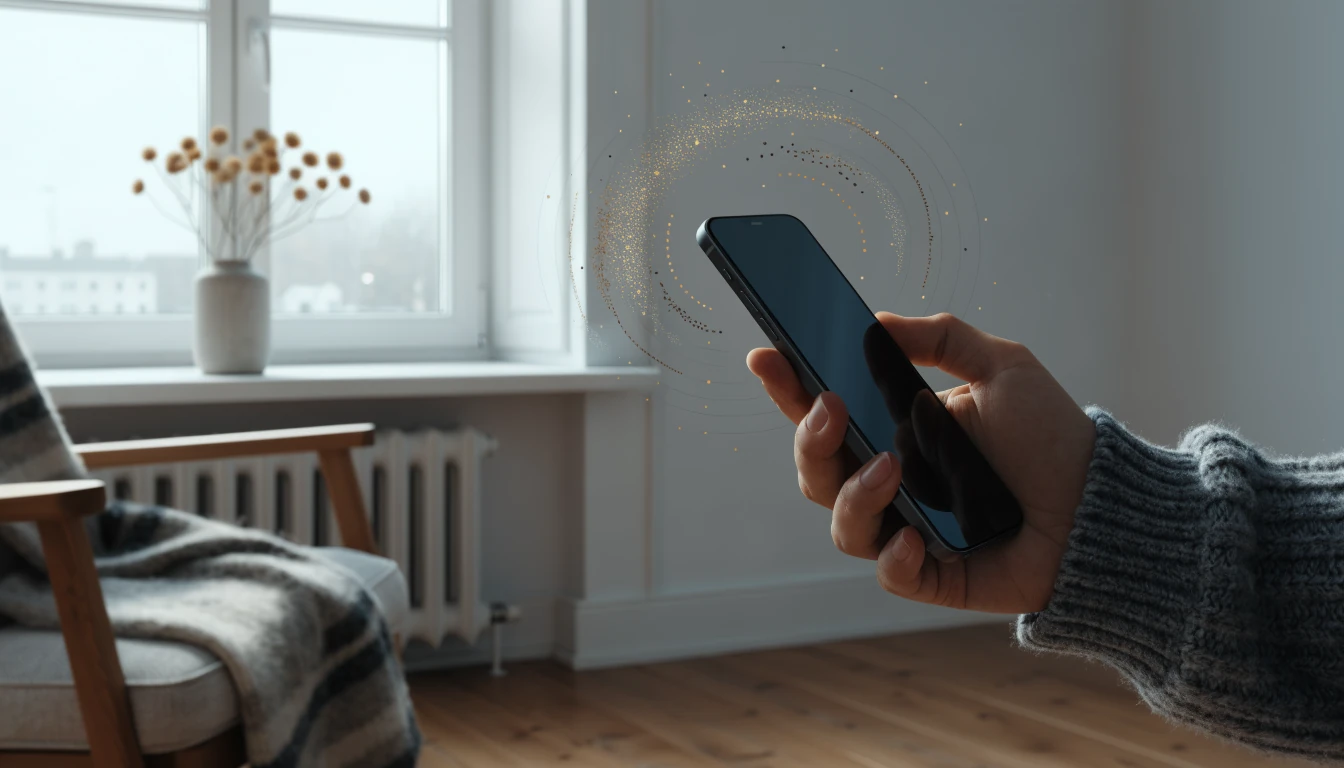Hand håller en smartphone med svensk skandinavisk inredning i bakgrunden