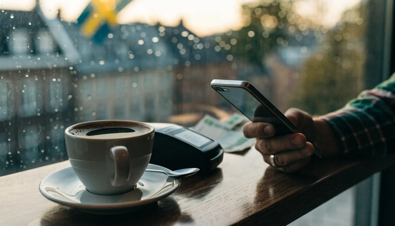 Mobil och svenska sedlar på ett kafé i Stockholm