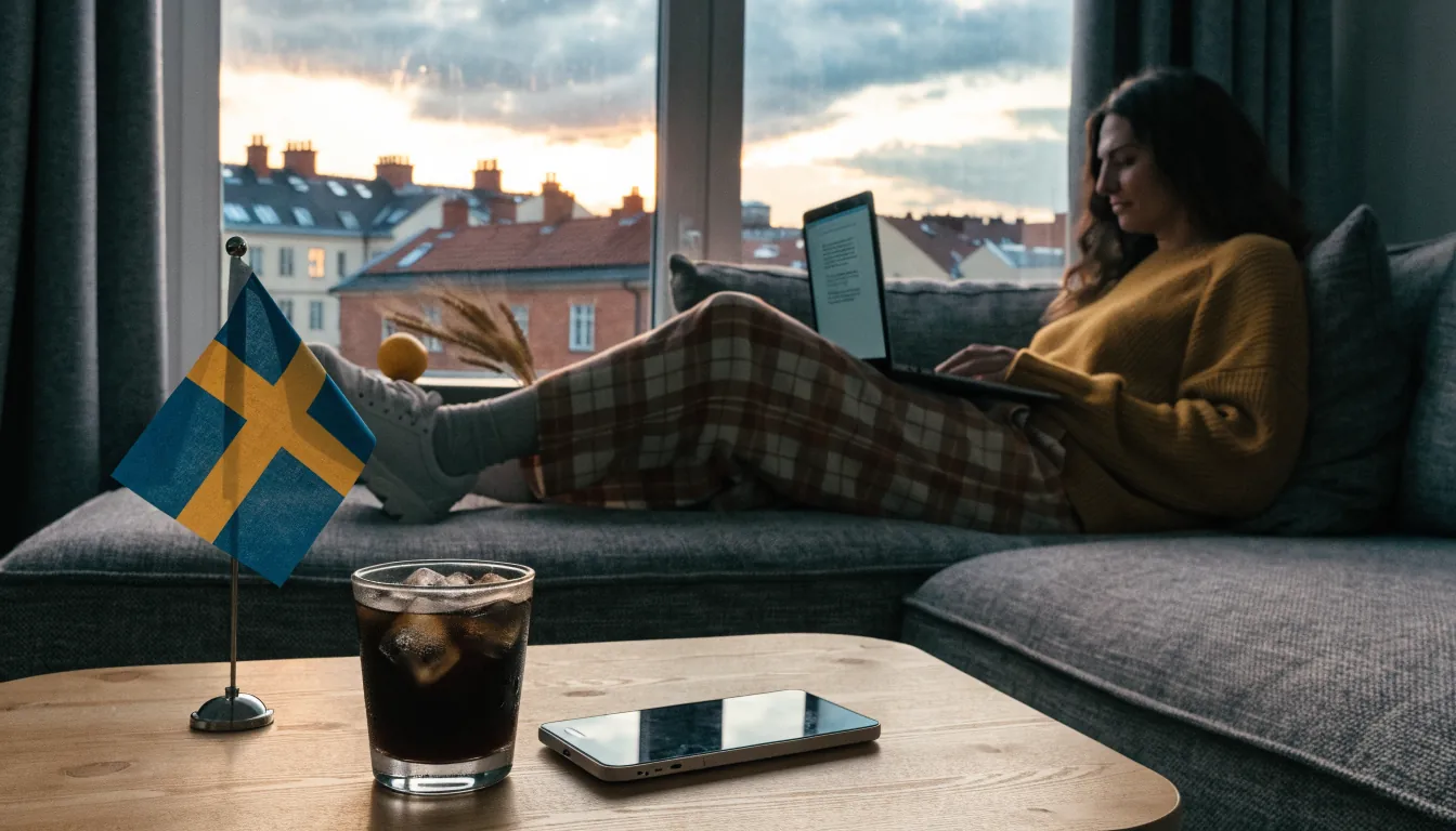 Smartphone och kaffe på bord i modern svensk vardagsrum med utsikt över Stockholm