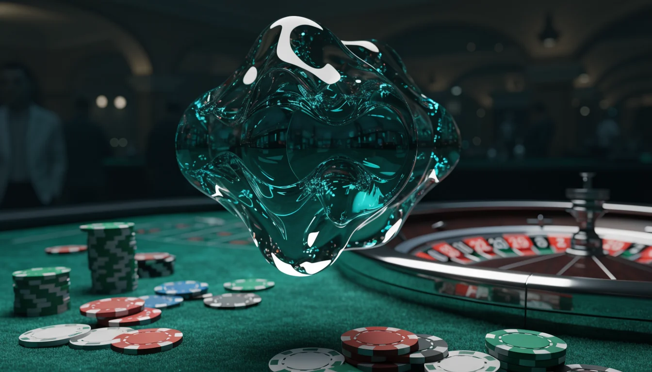 Tether-kryptoovaluta svävar över ett casinobord med marker och roulette