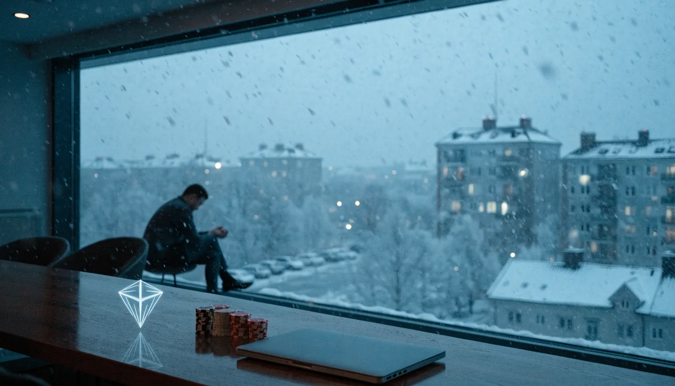 Modern nordiskt rum med glödande Tron-mynt och casinomarker