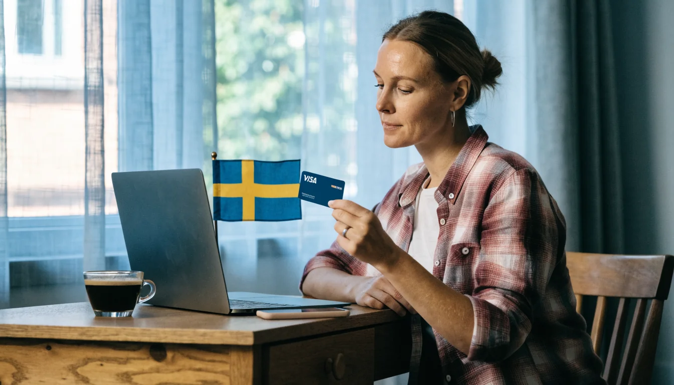 Svensk person med Visa-kort vid skrivbord i ljus lägenhet