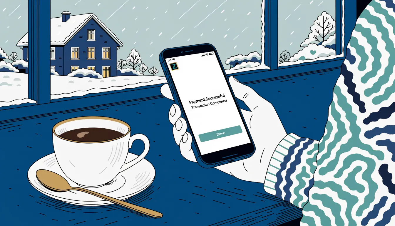 Modern illustration av en hand som håller en smartphone med Zimpler-betalning vid ett skrivbord