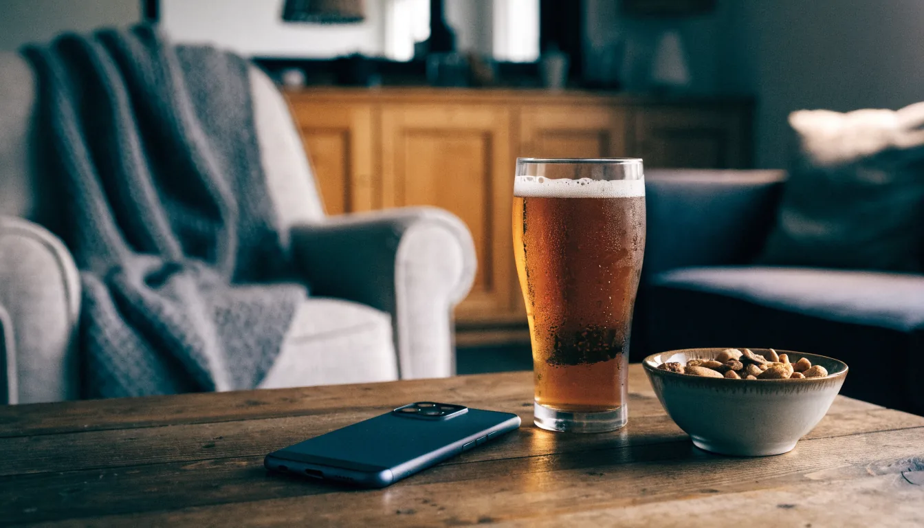 Android-telefon på bordet i en mysig svensk vardagsrumsmiljö