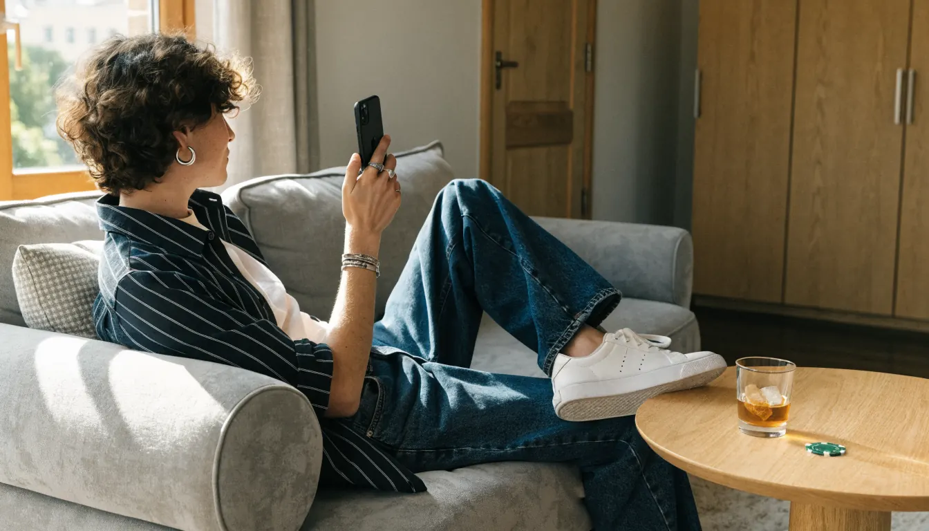 Person som håller en iPhone i en modern svensk vardagsrum med casinokänsla