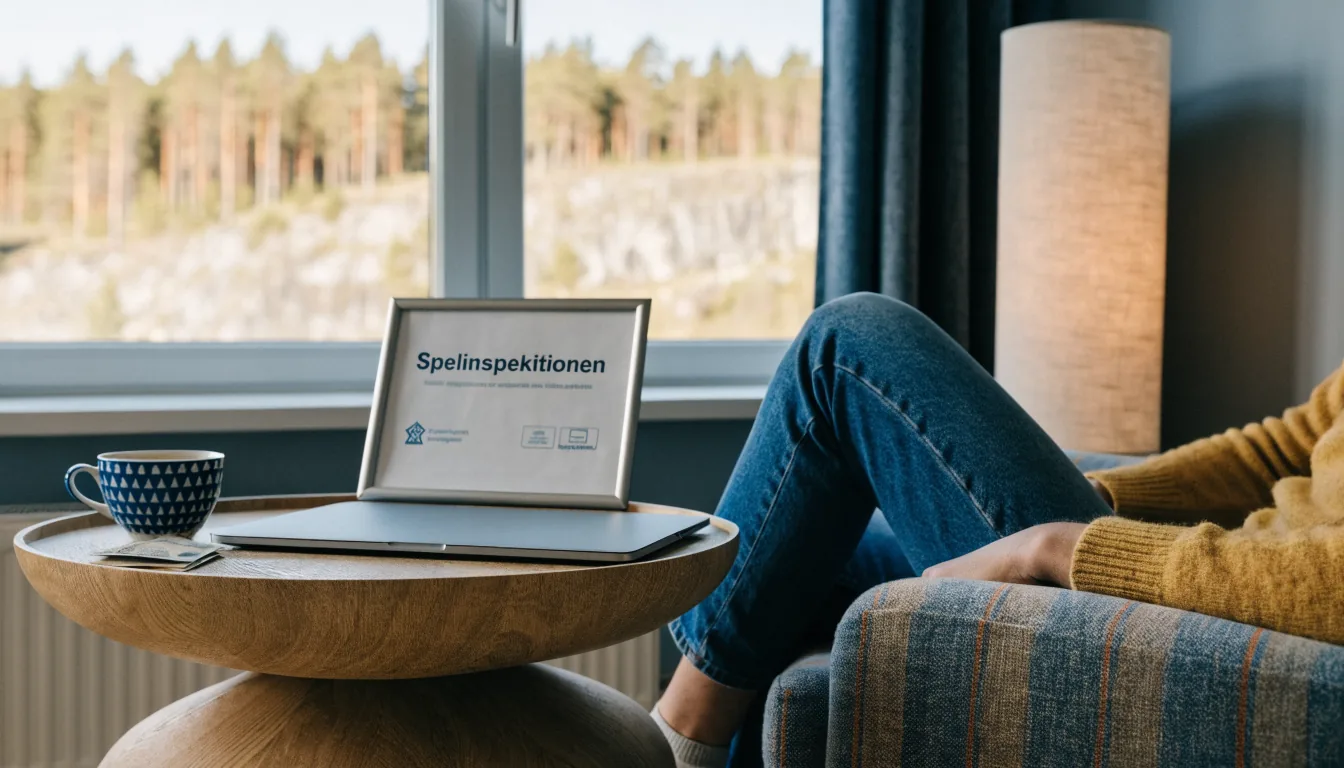 Stängd laptop och svensk spellicens på ett soffbord