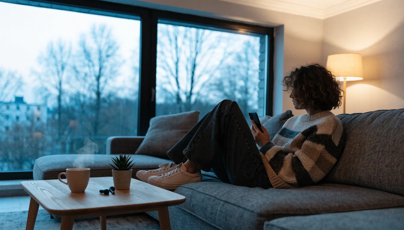 Person i svensk lägenhet med smartphone och kaffe