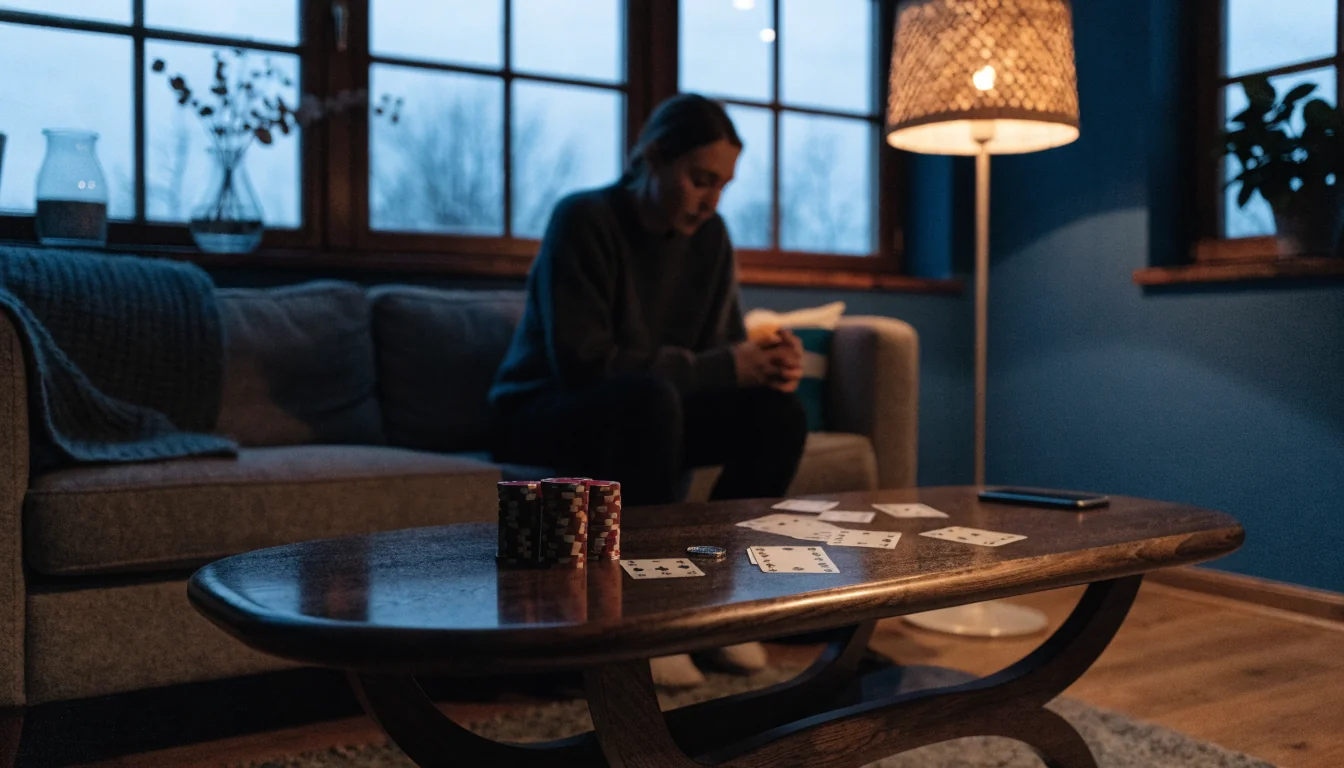 Svenskt vardagsrum med casinotillbehör och vänd telefon på bordet