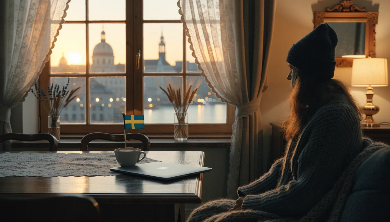 Stängt laptopbord i svenskt vardagsrum med kaffe och svensk flagga