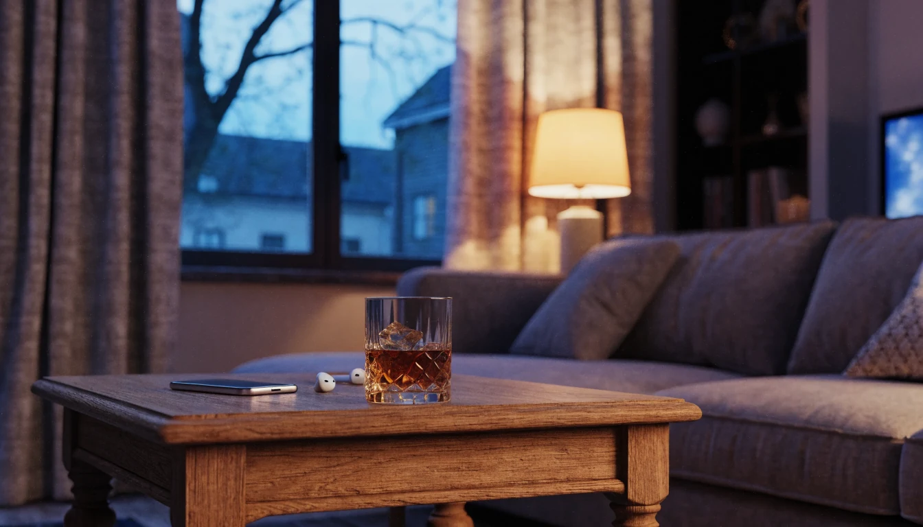 Modern svensk vardagsrum med telefon på soffbordet och stämningsfull belysning