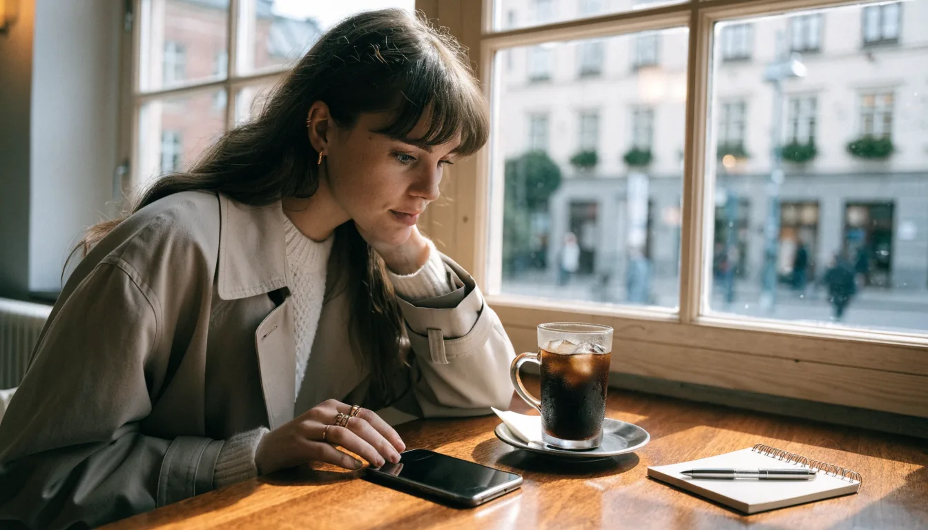 Kvinna vid kafébord betraktar sin mobiltelefon, fundersam anteckningsbok bredvid