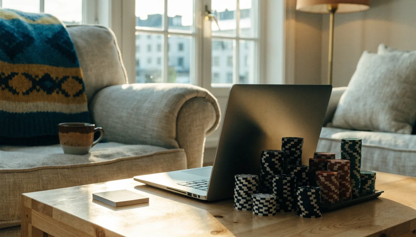 Skandinavisk vardagsrum med casinotillbehör och laptop på soffbordet