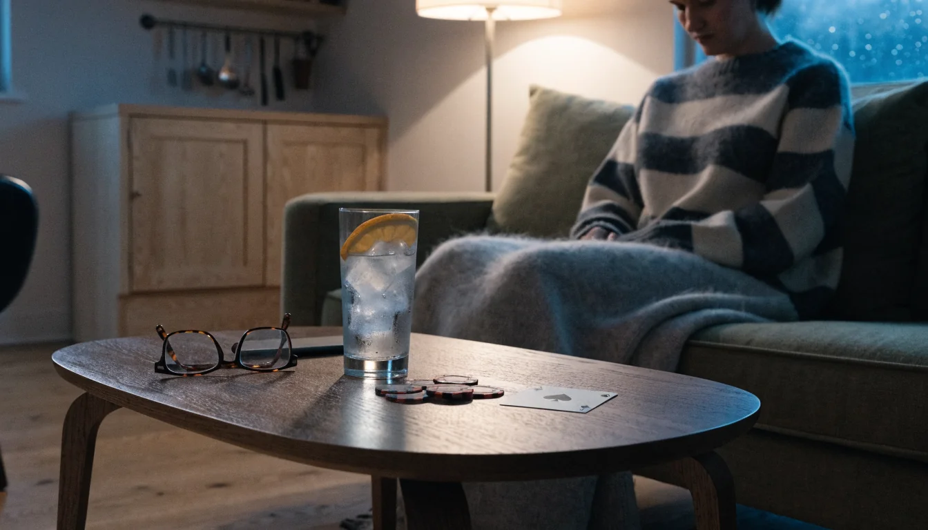Mysigt vardagsrum med casinokutor och spelkort på soffbordet