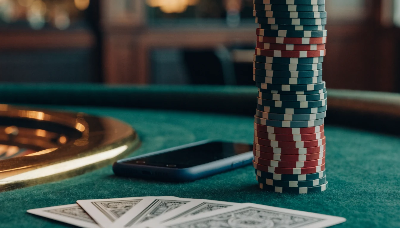 Elegant casinobord med poker marker, spelkort och en vänd smartphone i sofistikerad nordisk miljö