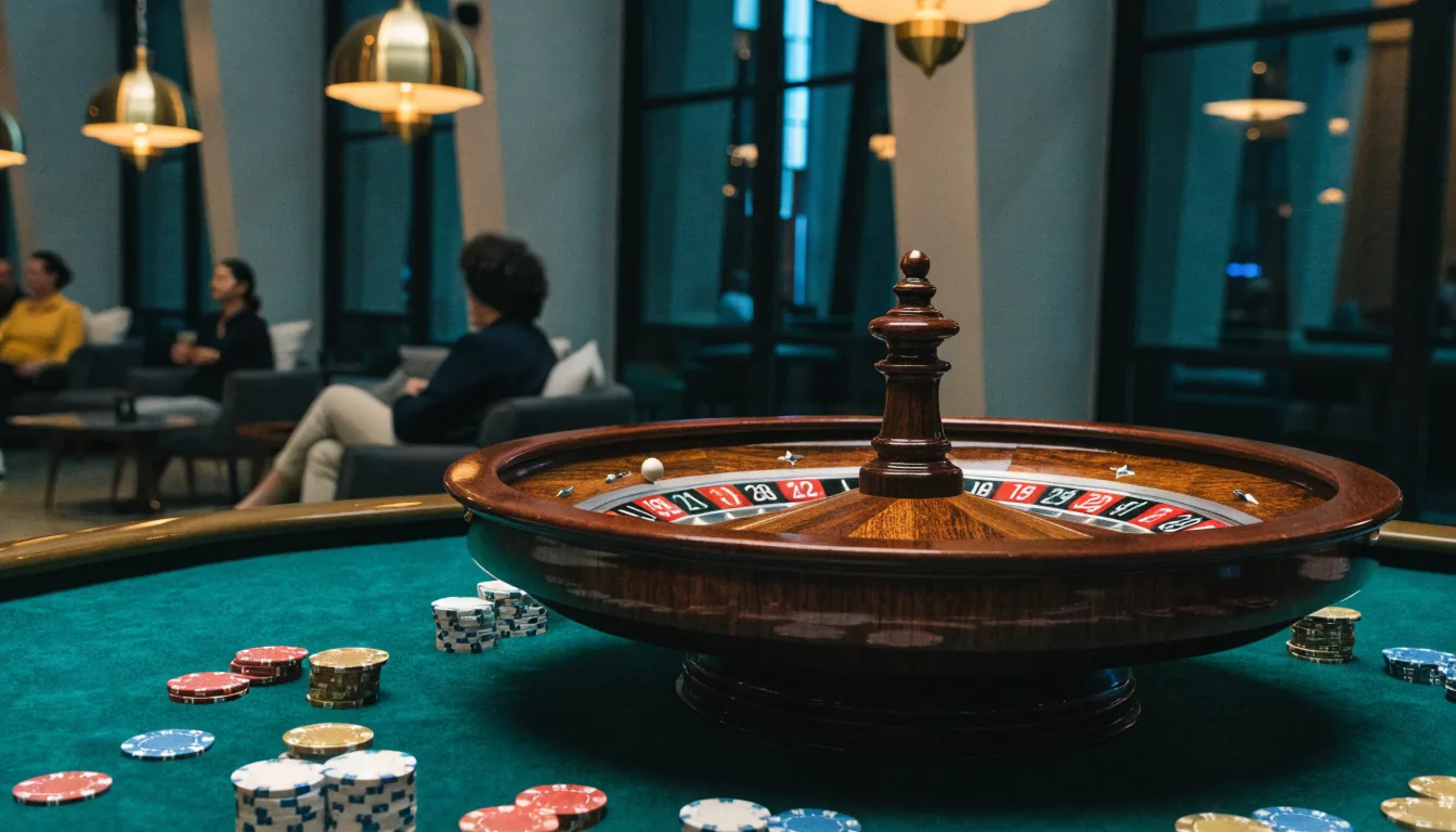 Elegant roulettehjul och staplar av casinomarker i en minimalistisk skandinavisk casinomiljö